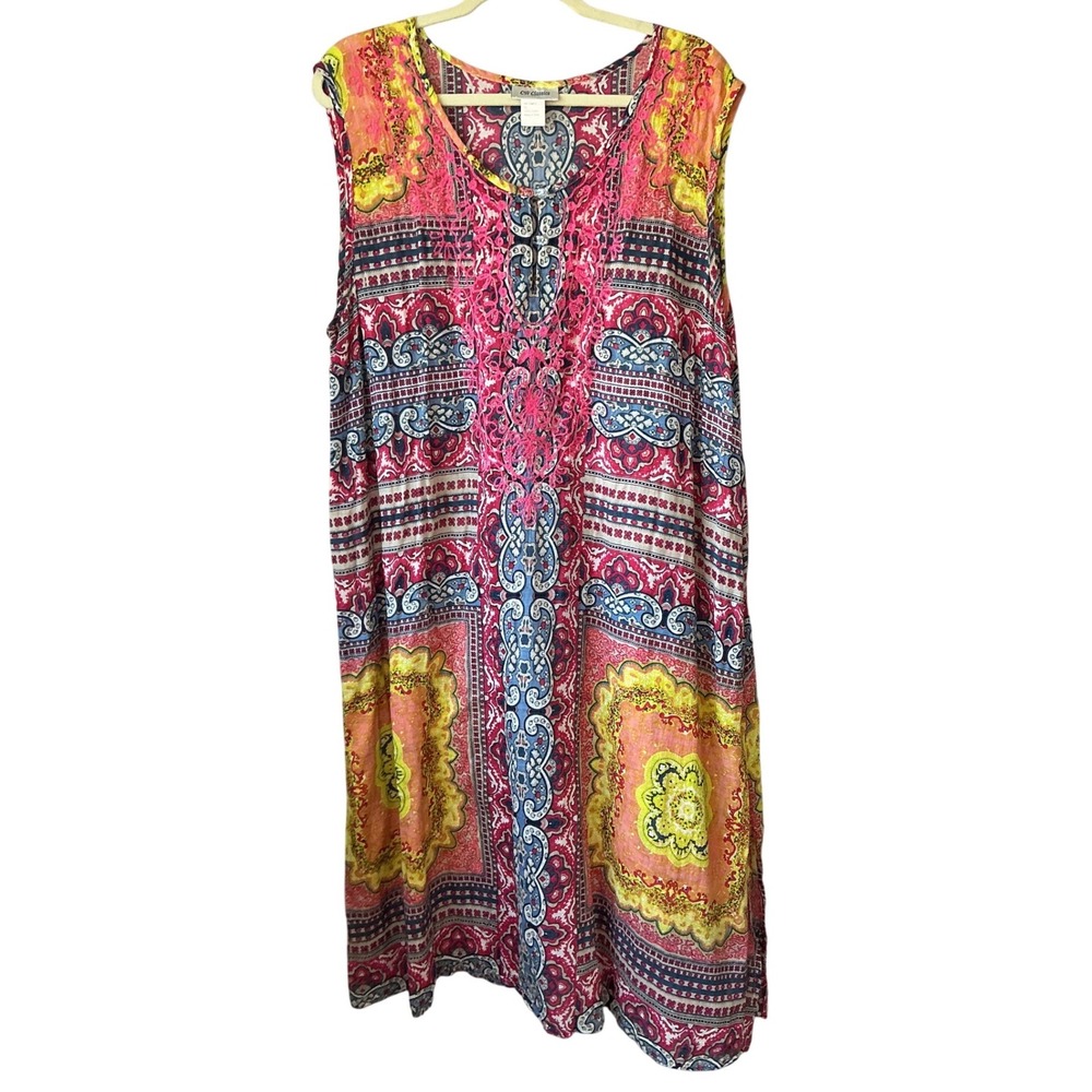 CW Classics Womens 3X Pink Paisley Cotton Embroidered Sleeveless Midi Dress Boho